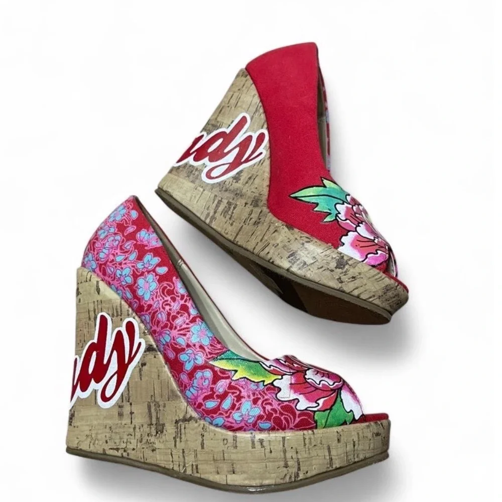 Ed Hardy Womens Red Tattoo Print Cork Wedge Peep Toe Pumps Y2K Size 5